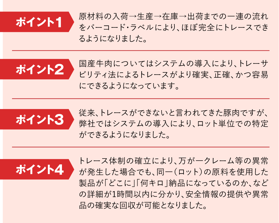 ポイント1.原材料の入荷→生産→在庫→出荷までの一連の流れをバーコード・ラベルにより、ほぼ完全にトレースできるようになりました。